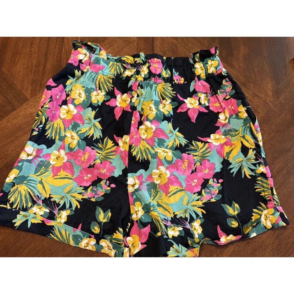 Express X Rocky Barnes Shorts Womens Size M High Waisted Floral Linen Paper Bag - Picture 2 of 9